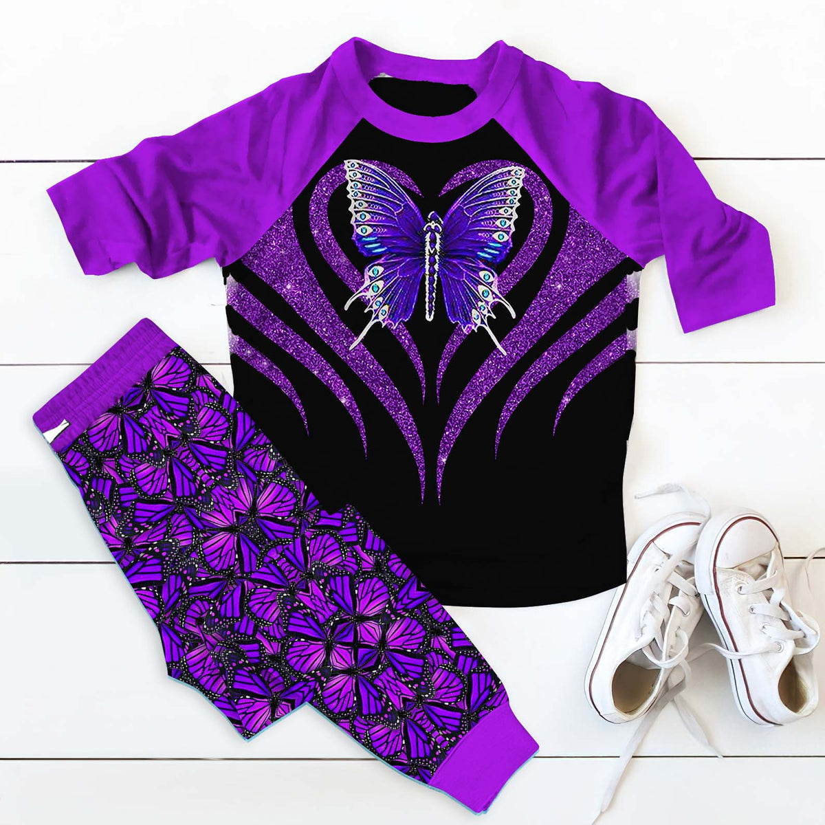 Butterfly Purple Pajama Set |Sleepwear Pjs Sets | Raglan Shirt Pants Set