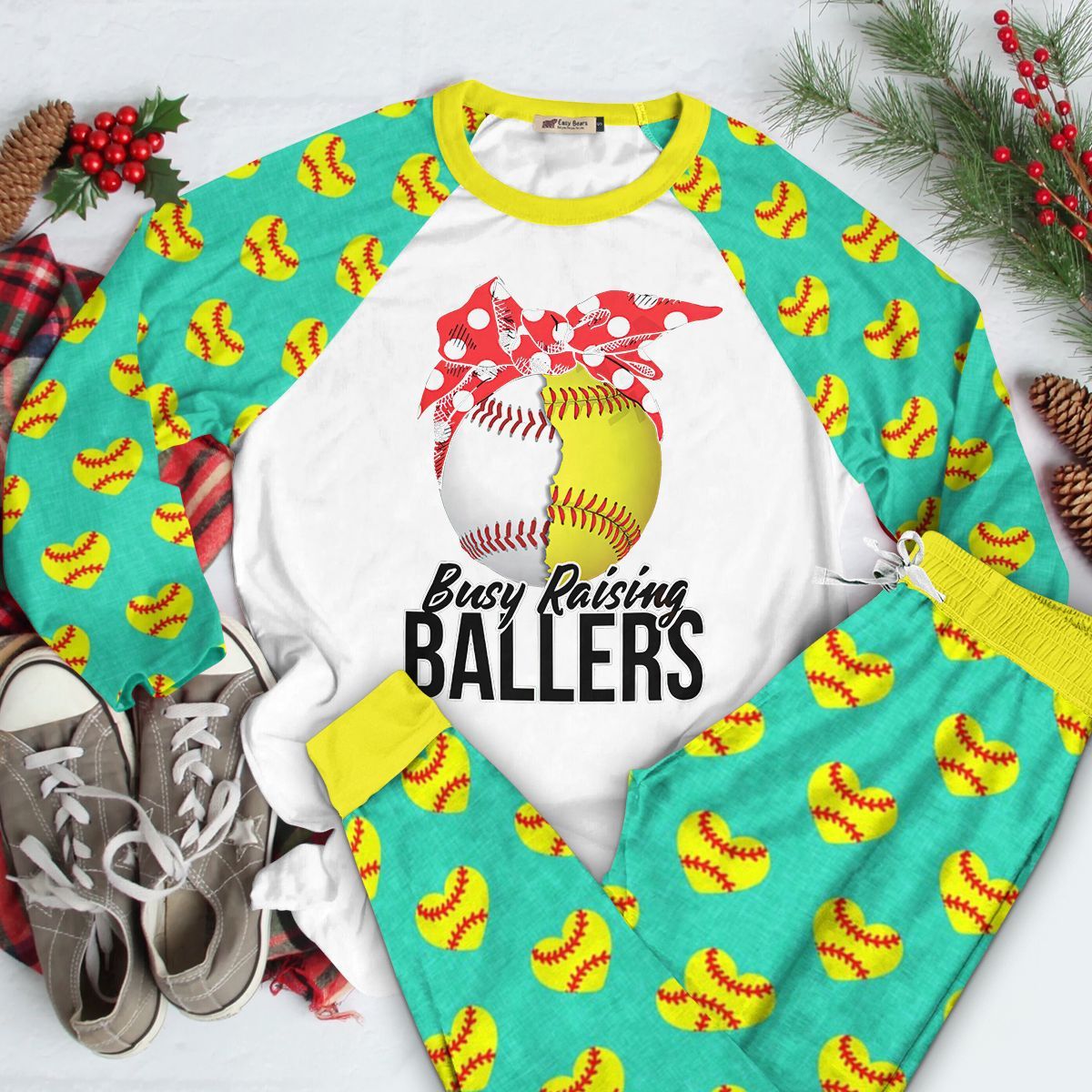 Softball Set Busy Raising Ballers Pajama Set |Sleepwear Pjs Sets | Raglan Shirt Pants Set