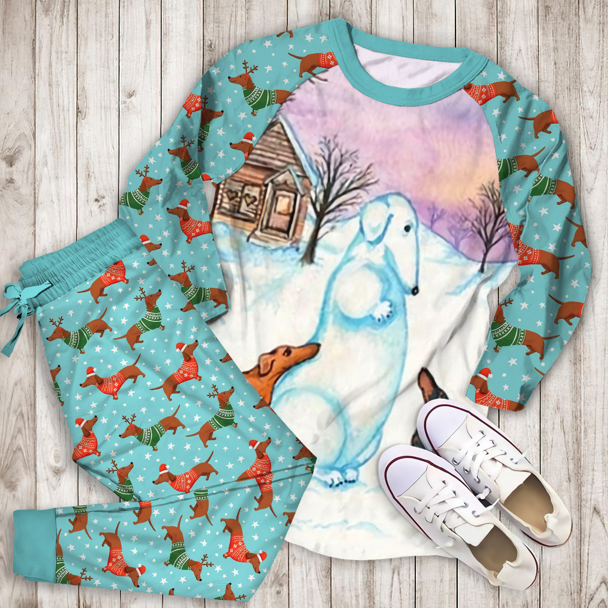 Dachshund & Christmas Pajama Set |Sleepwear Pjs Sets | Raglan Shirt Pants Set