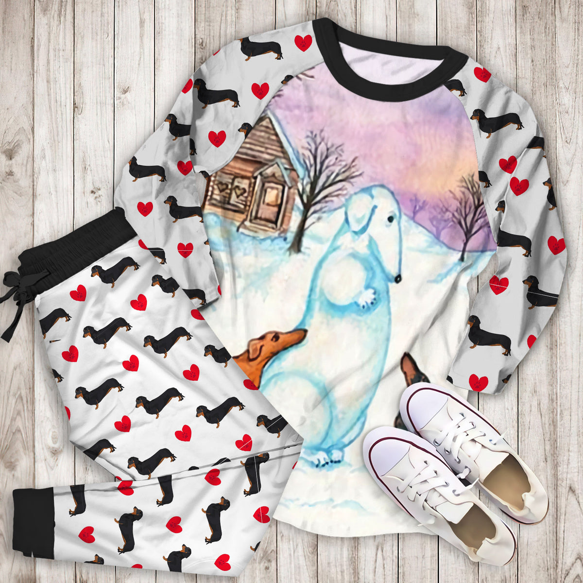 Dachshund & Christmas Pajama Set |Sleepwear Pjs Sets | Raglan Shirt Pants Set