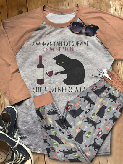 Cat A Women Cannot Survive On Wine Pajama Set |Sleepwear Pjs Sets | Raglan Shirt Pants Set