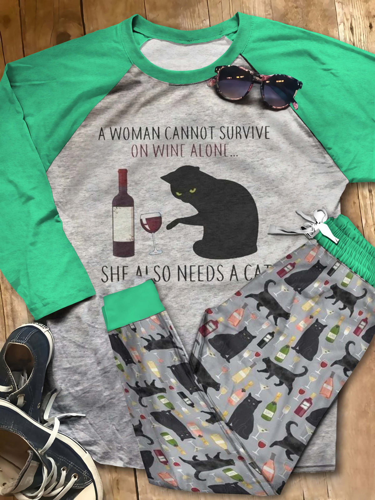 Cat A Women Cannot Survive On Wine Pajama Set |Sleepwear Pjs Sets | Raglan Shirt Pants Set