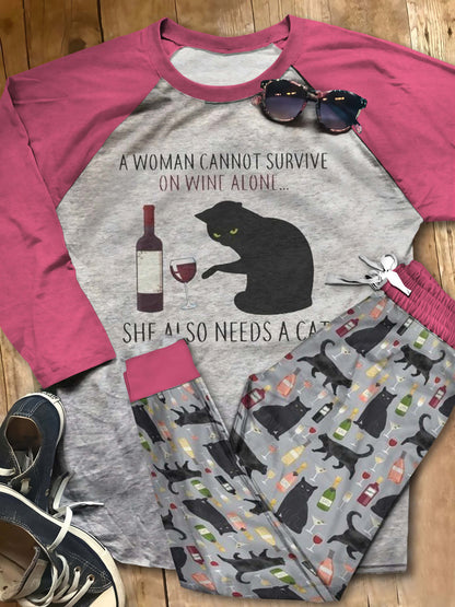 Cat A Women Cannot Survive On Wine Pajama Set |Sleepwear Pjs Sets | Raglan Shirt Pants Set