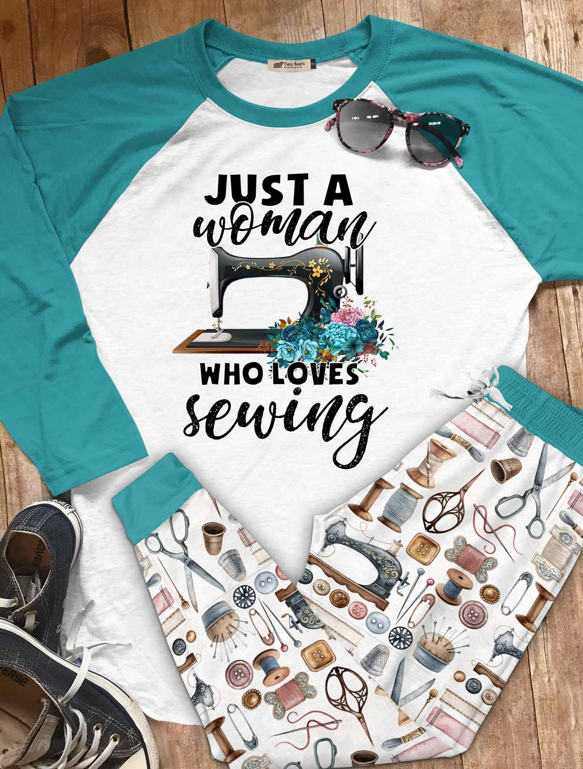 Sewing Set Just A Woman Who Loves Sewing Pajama Set |Sleepwear Pjs Sets | Raglan Shirt Pants Set