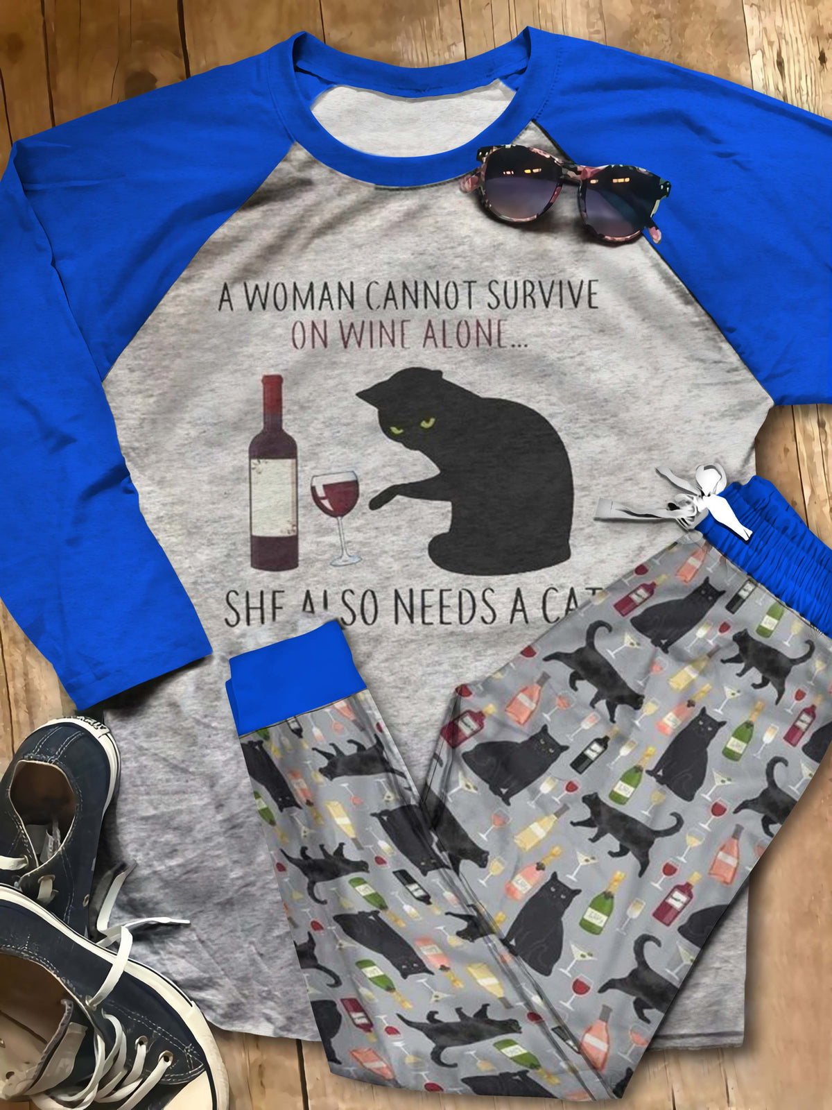 Cat A Women Cannot Survive On Wine Pajama Set |Sleepwear Pjs Sets | Raglan Shirt Pants Set