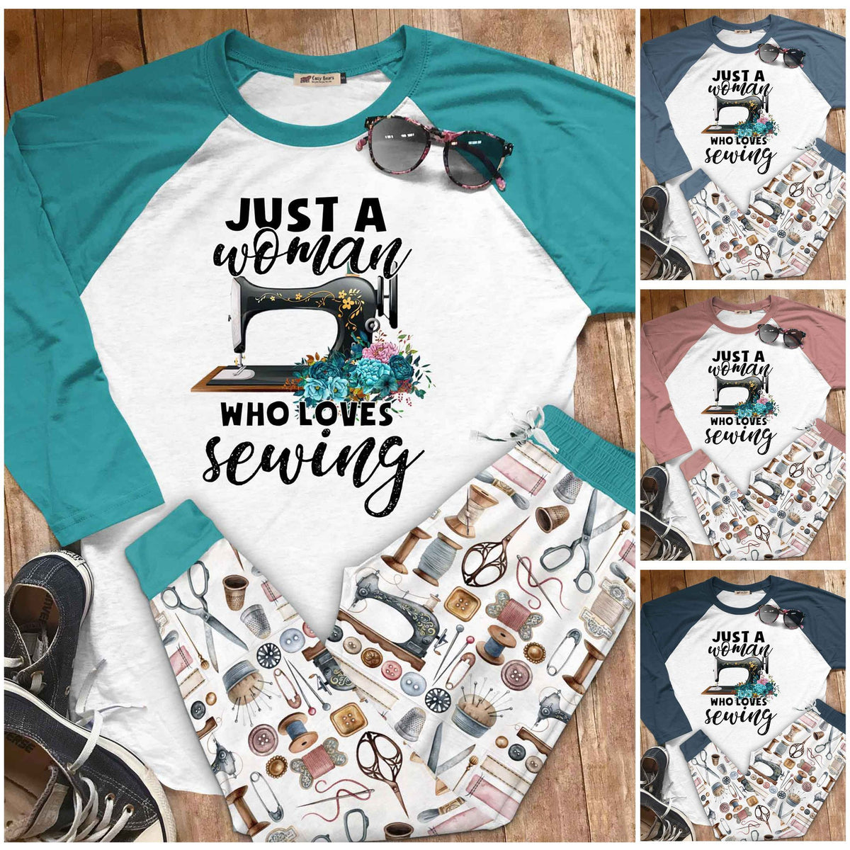 Sewing Set Just A Woman Who Loves Sewing Pajama Set |Sleepwear Pjs Sets | Raglan Shirt Pants Set