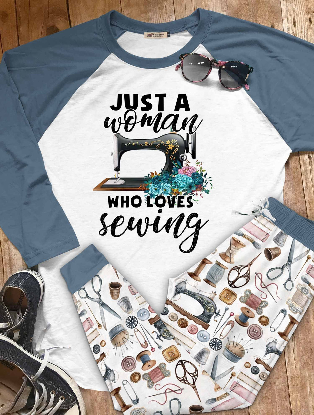 Sewing Set Just A Woman Who Loves Sewing Pajama Set |Sleepwear Pjs Sets | Raglan Shirt Pants Set