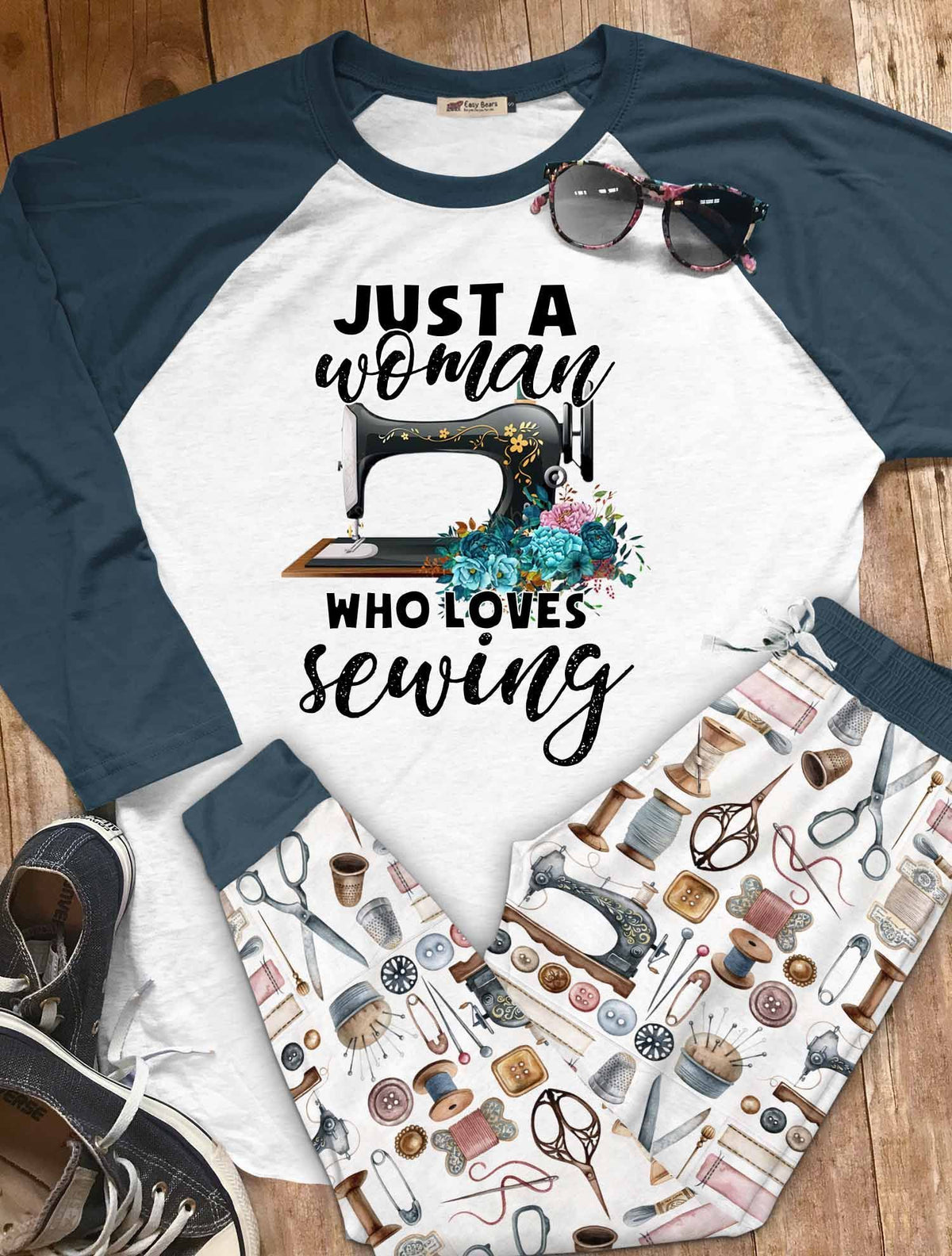 Sewing Set Just A Woman Who Loves Sewing Pajama Set |Sleepwear Pjs Sets | Raglan Shirt Pants Set