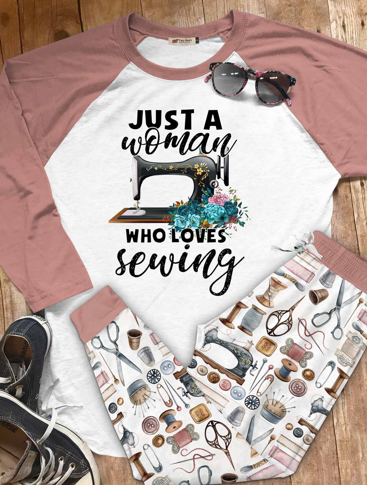 Sewing Set Just A Woman Who Loves Sewing Pajama Set |Sleepwear Pjs Sets | Raglan Shirt Pants Set