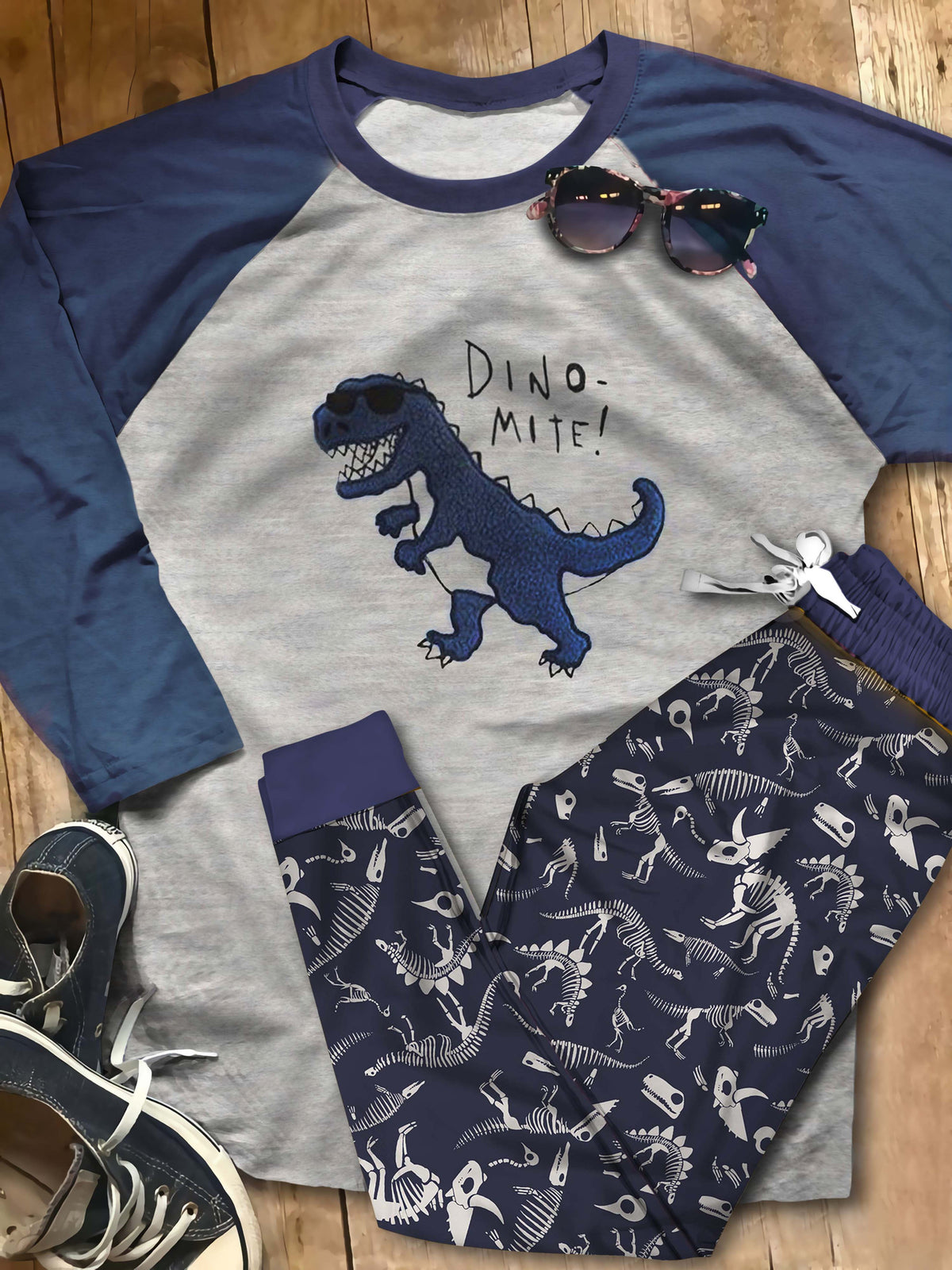 Dinosaur Blue Dino Abg Pajama Set |Sleepwear Pjs Sets | Raglan Shirt Pants Set