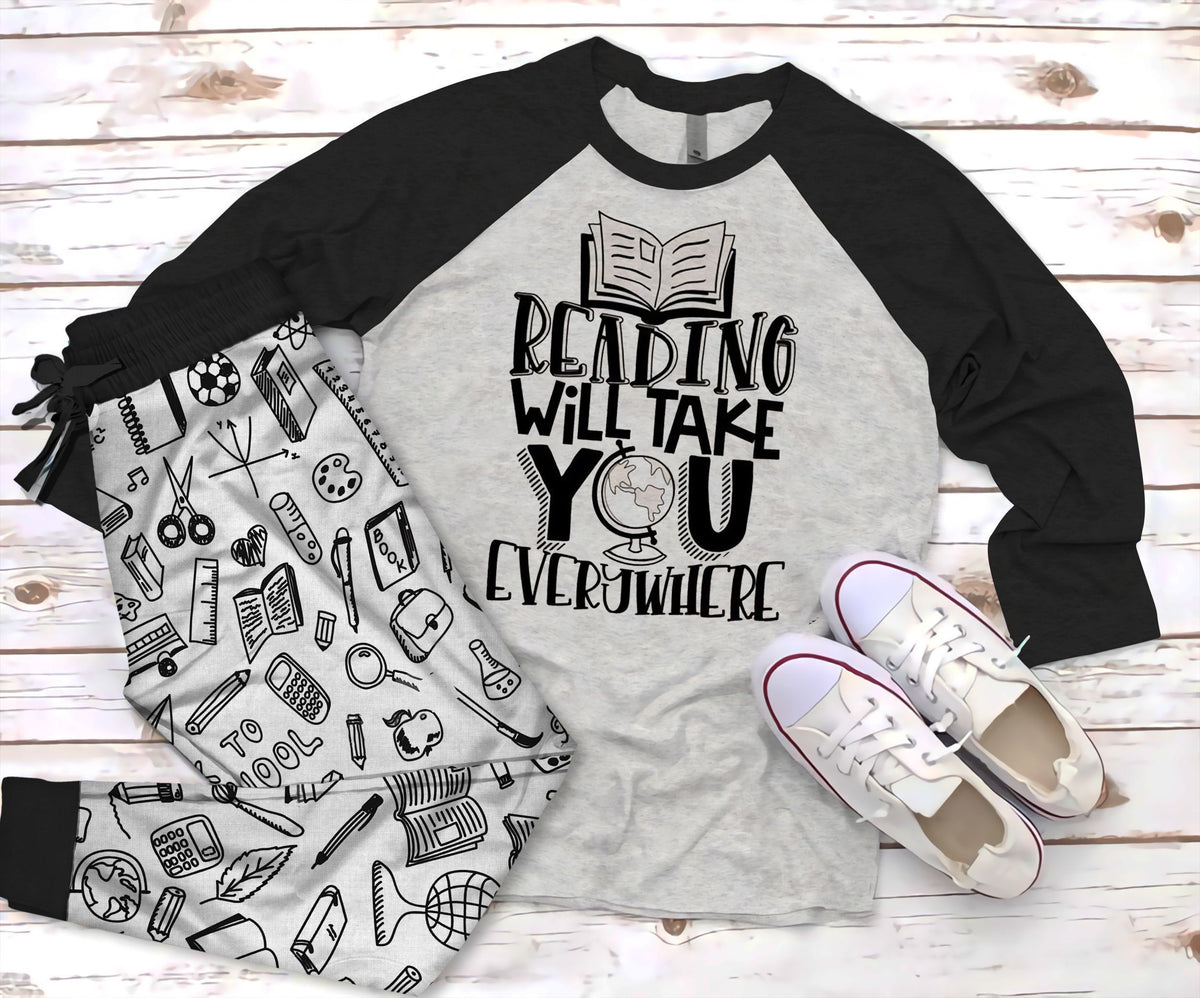 Reading Overe World Black Unique Pajama Set |Sleepwear Pjs Sets | Raglan Shirt Pants Set