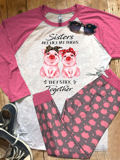 Pig Sister Pajama Set |Sleepwear Pjs Sets | Raglan Shirt Pants Set