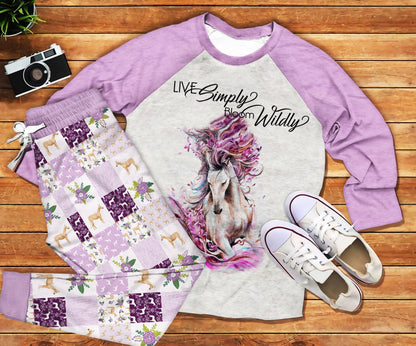 Horse Live Simple Pajama Set |Sleepwear Pjs Sets | Raglan Shirt Pants Set