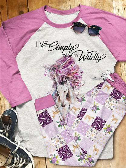 Horse Live Simple Pajama Set |Sleepwear Pjs Sets | Raglan Shirt Pants Set