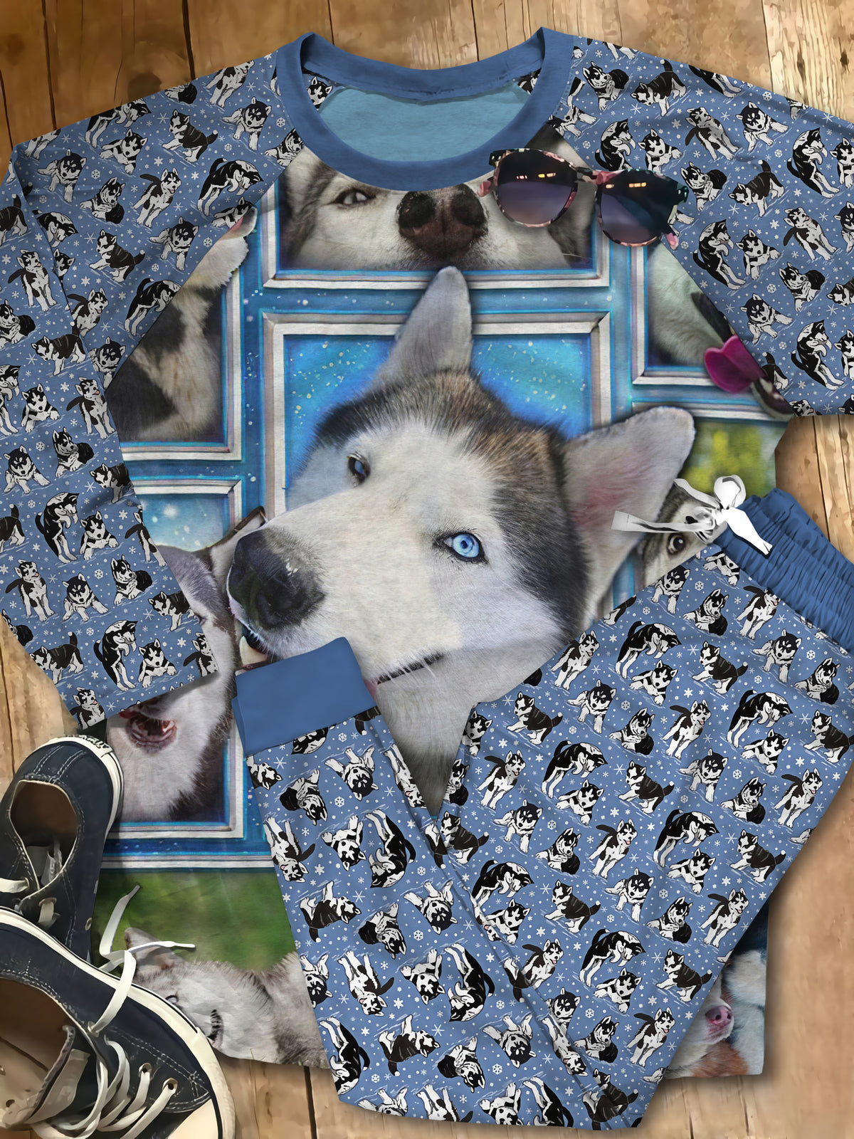 Husky Dogs Personalized Name Pajama Set |Sleepwear Pjs Sets | Raglan Shirt Pants Set