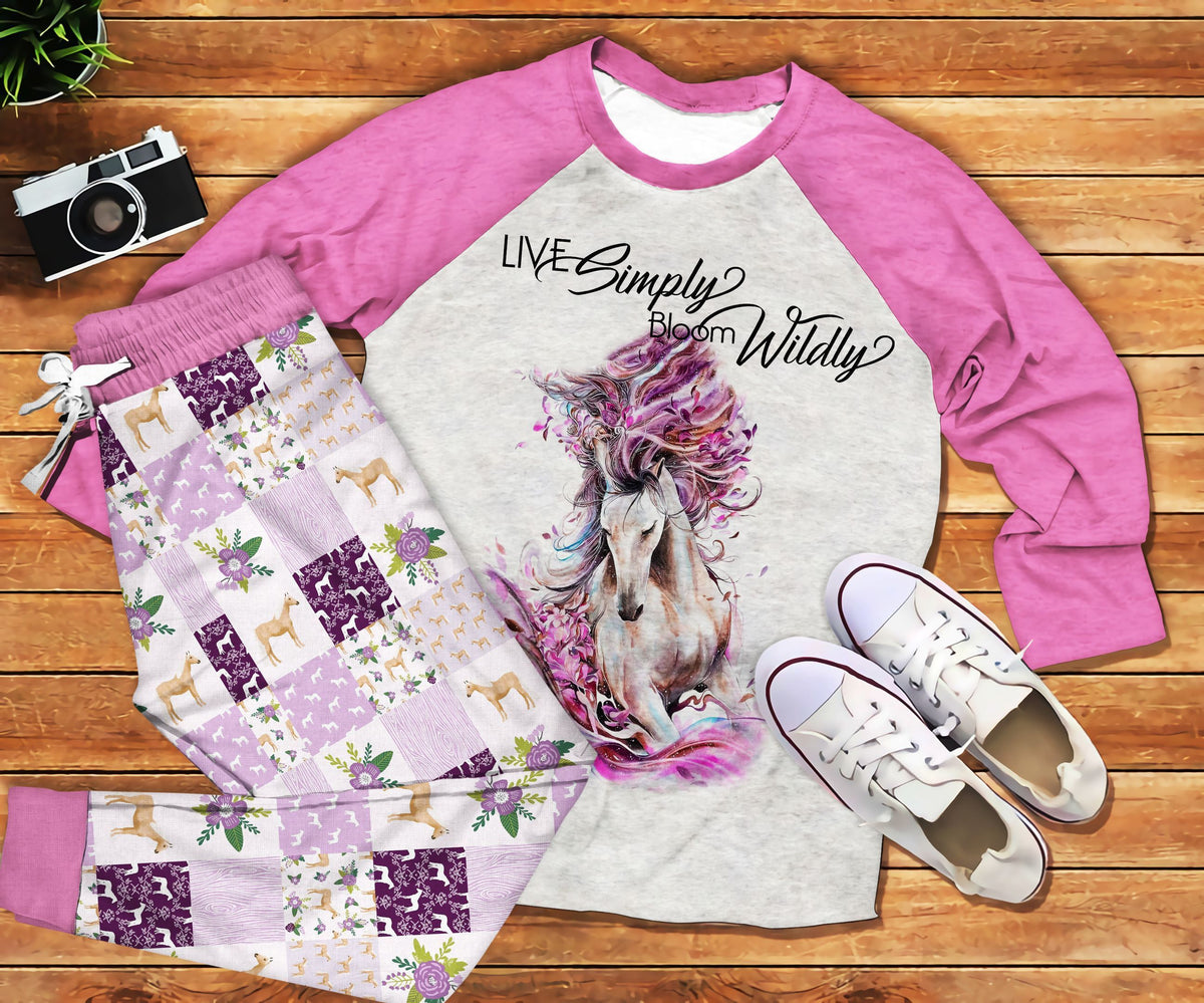 Horse Live Simple Pajama Set |Sleepwear Pjs Sets | Raglan Shirt Pants Set