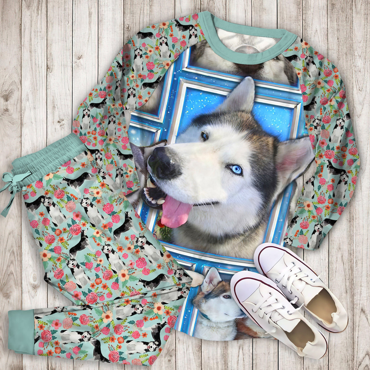 Husky Dogs Personalized Name Pajama Set |Sleepwear Pjs Sets | Raglan Shirt Pants Set