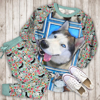 Husky Dogs Personalized Name Pajama Set |Sleepwear Pjs Sets | Raglan Shirt Pants Set