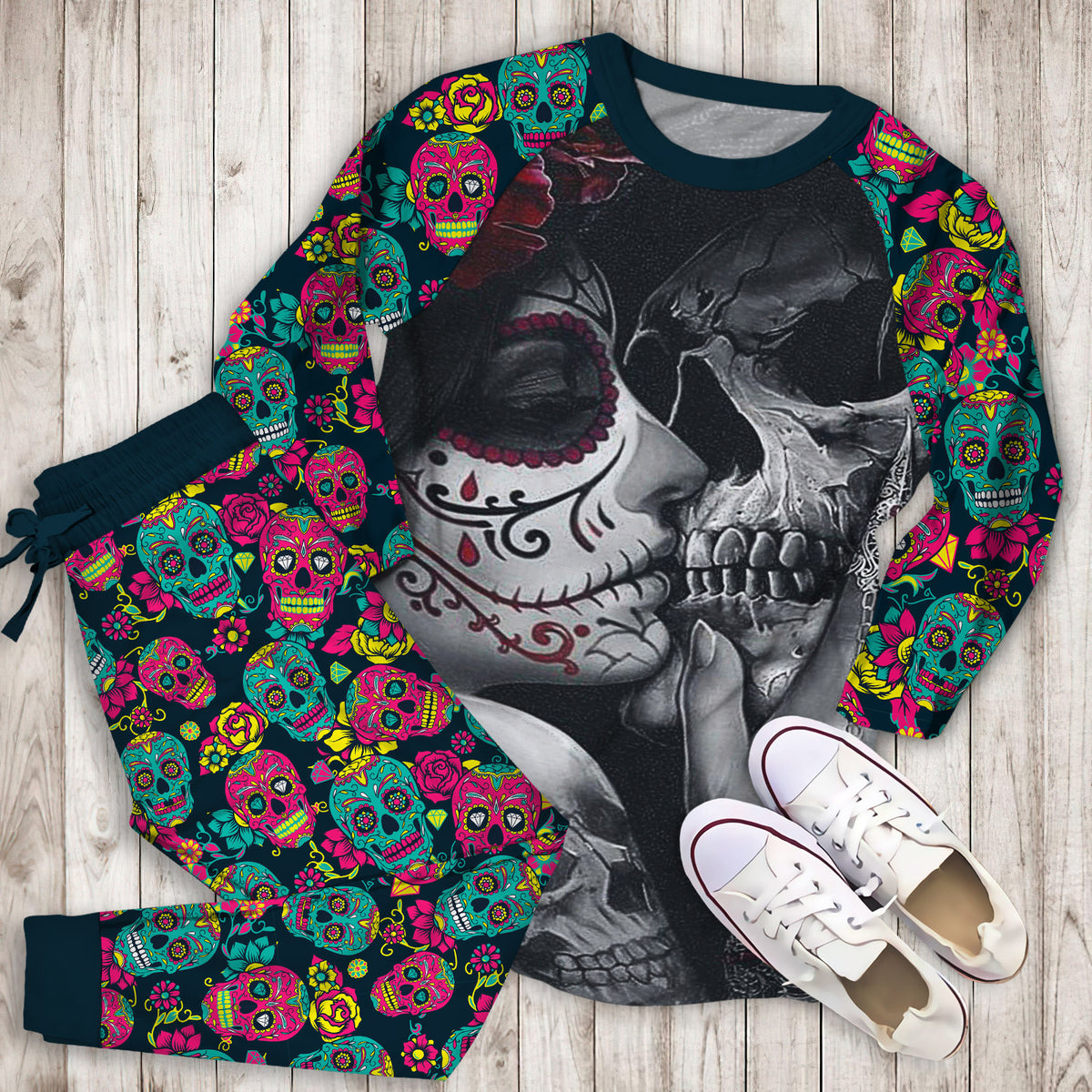 Bedding Dead Sugar Skull Girl Kissing Skull Personalized Name P Pajama Set |Sleepwear Pjs Sets | Raglan Shirt Pants Set