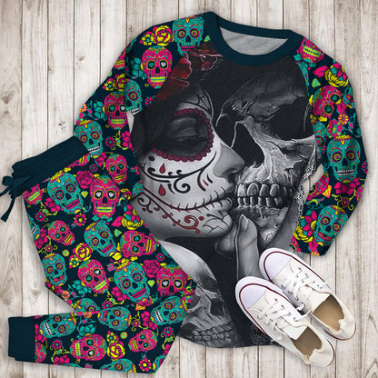 Bedding Dead Sugar Skull Girl Kissing Skull Personalized Name P Pajama Set |Sleepwear Pjs Sets | Raglan Shirt Pants Set