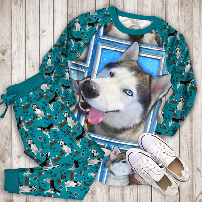 Husky Dogs Personalized Name Pajama Set |Sleepwear Pjs Sets | Raglan Shirt Pants Set