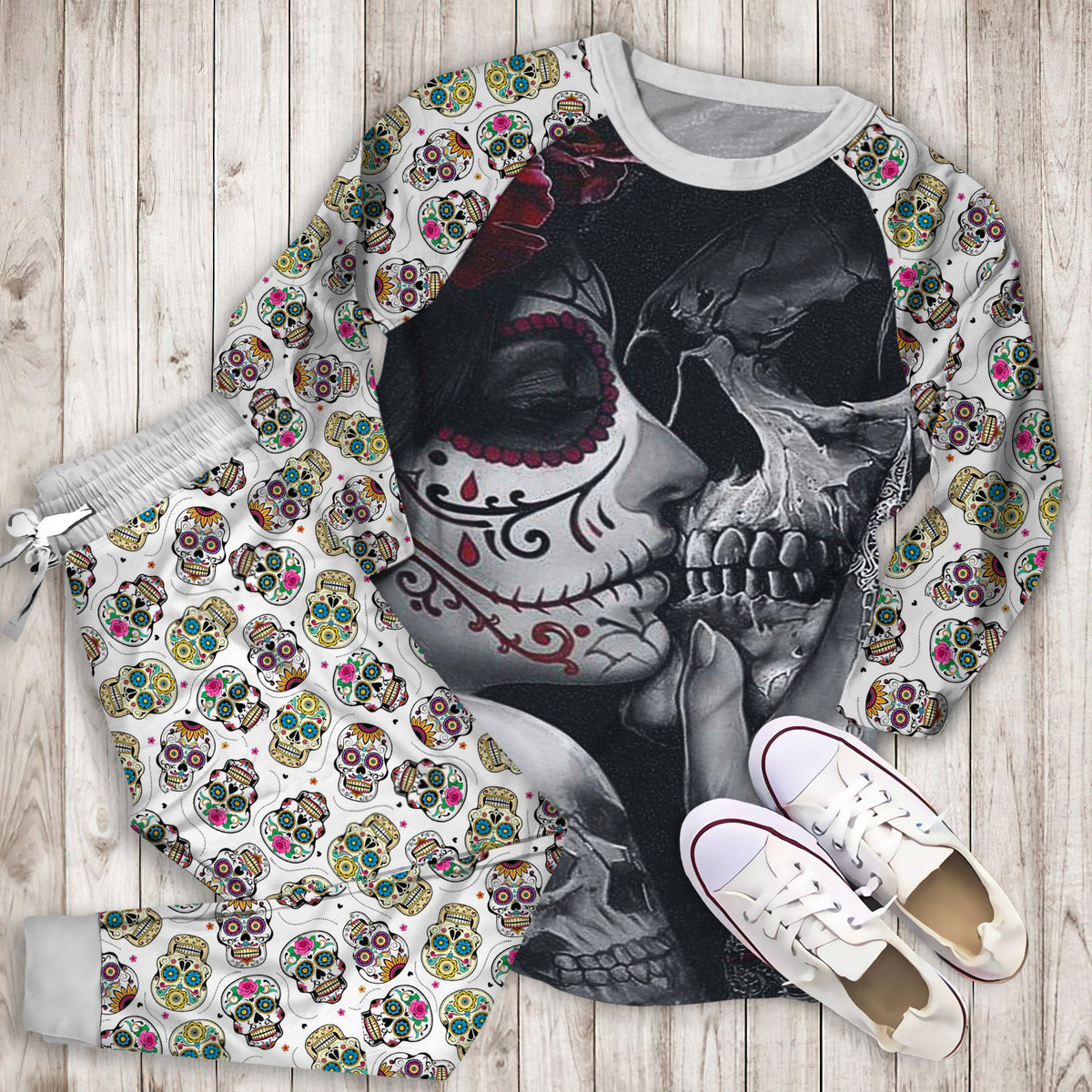 Bedding Dead Sugar Skull Girl Kissing Skull Personalized Name P Pajama Set |Sleepwear Pjs Sets | Raglan Shirt Pants Set
