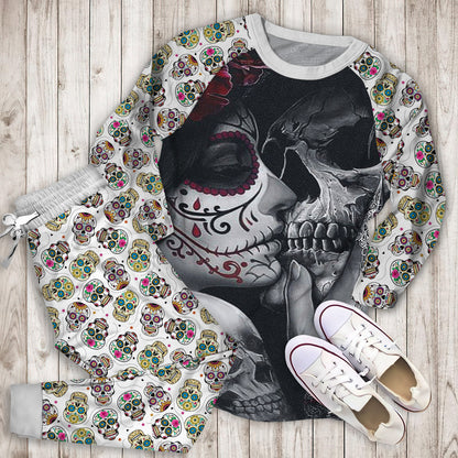 Bedding Dead Sugar Skull Girl Kissing Skull Personalized Name P Pajama Set |Sleepwear Pjs Sets | Raglan Shirt Pants Set