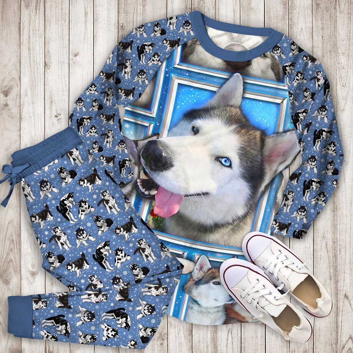 Husky Dogs Personalized Name Pajama Set |Sleepwear Pjs Sets | Raglan Shirt Pants Set