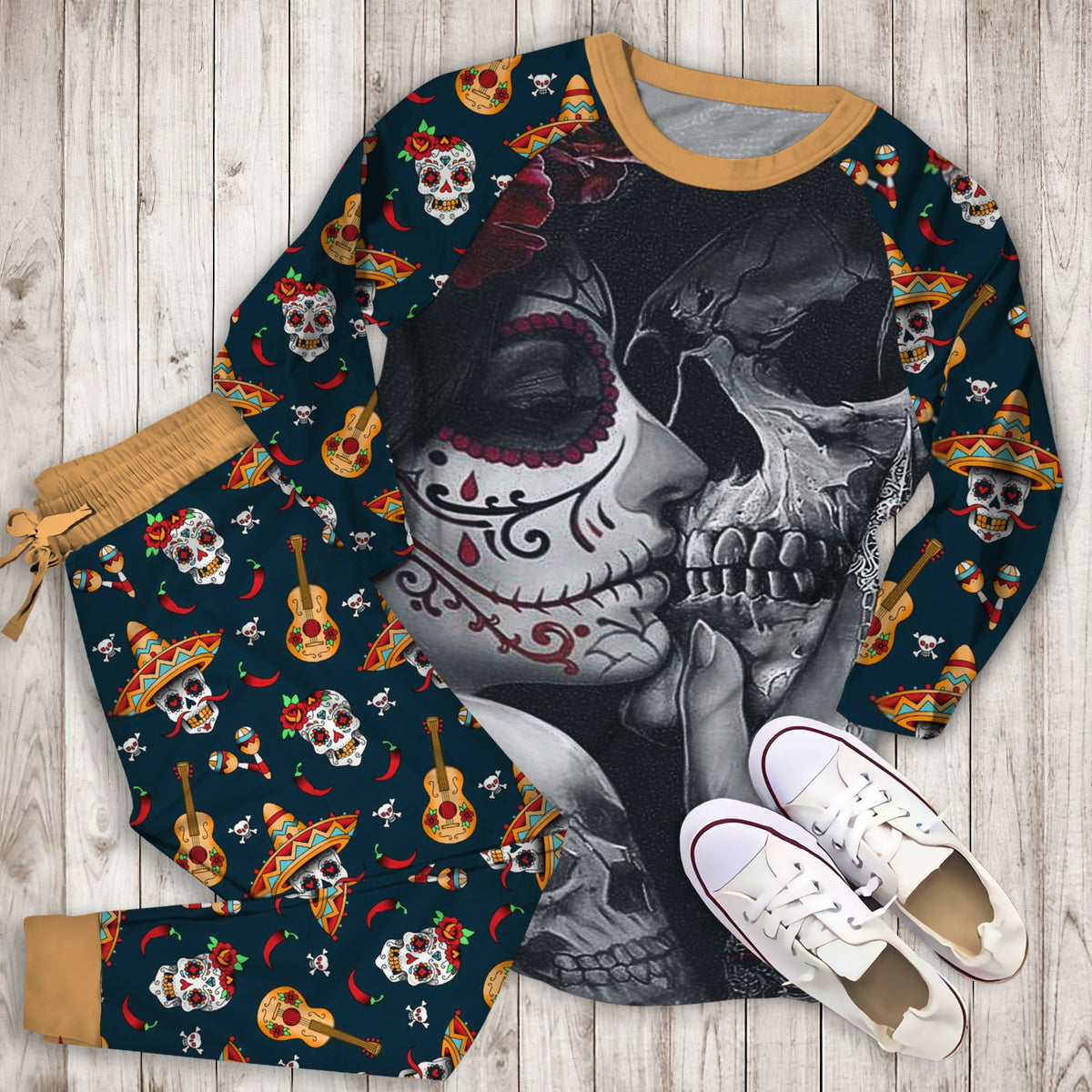 Bedding Dead Sugar Skull Girl Kissing Skull Personalized Name P Pajama Set |Sleepwear Pjs Sets | Raglan Shirt Pants Set