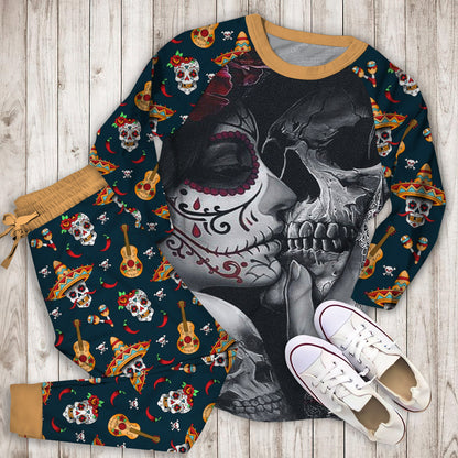 Bedding Dead Sugar Skull Girl Kissing Skull Personalized Name P Pajama Set |Sleepwear Pjs Sets | Raglan Shirt Pants Set