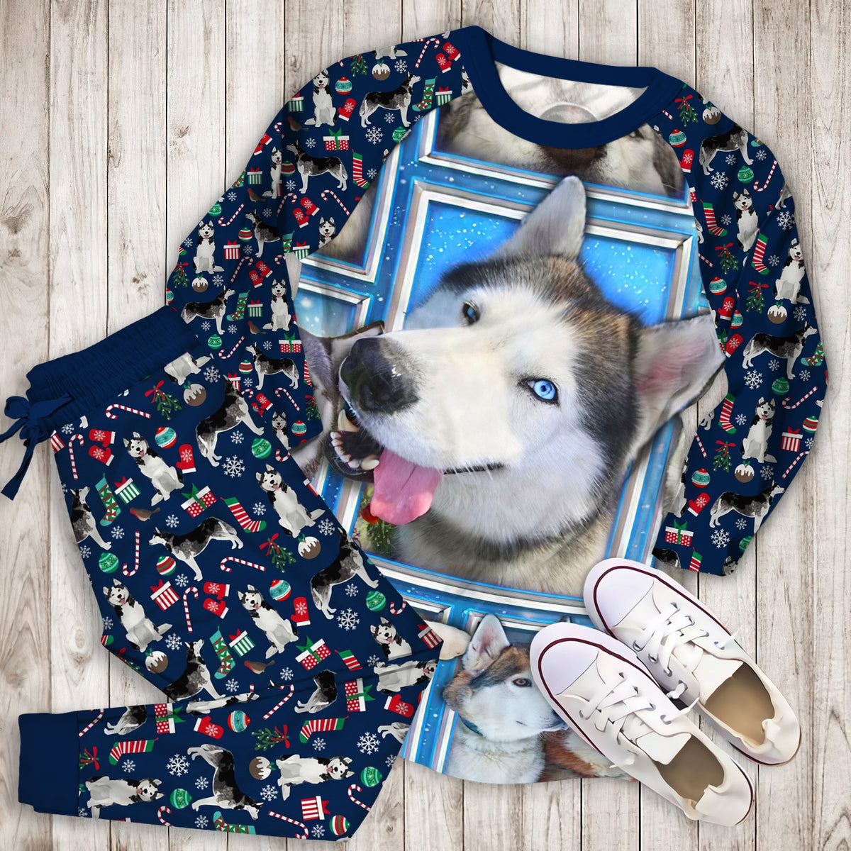Husky Dogs Personalized Name Pajama Set |Sleepwear Pjs Sets | Raglan Shirt Pants Set