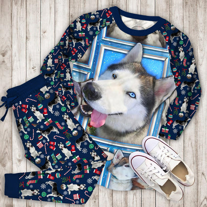 Husky Dogs Personalized Name Pajama Set |Sleepwear Pjs Sets | Raglan Shirt Pants Set