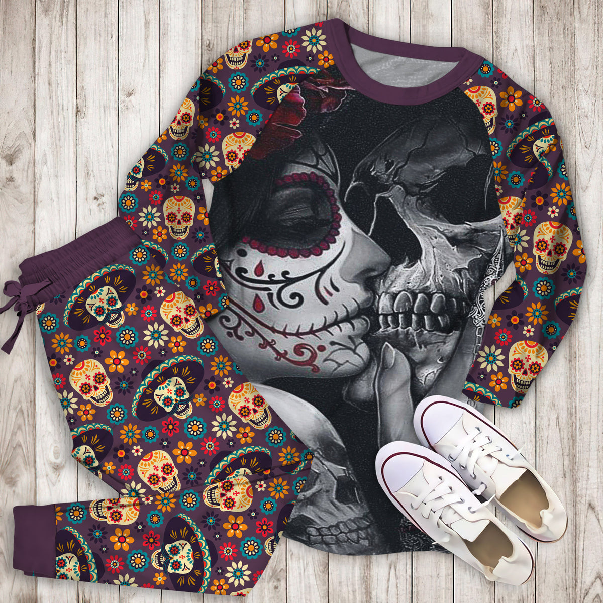 Bedding Dead Sugar Skull Girl Kissing Skull Personalized Name P Pajama Set |Sleepwear Pjs Sets | Raglan Shirt Pants Set