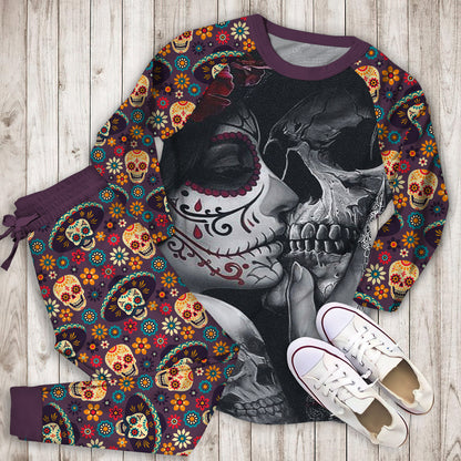 Bedding Dead Sugar Skull Girl Kissing Skull Personalized Name P Pajama Set |Sleepwear Pjs Sets | Raglan Shirt Pants Set