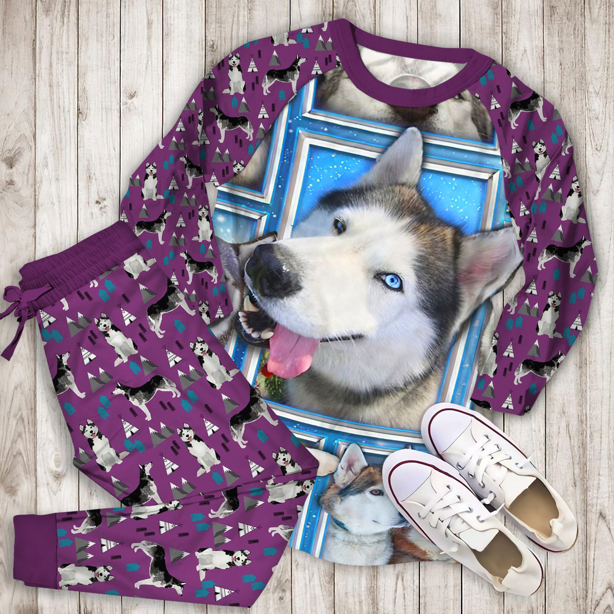 Husky Dogs Personalized Name Pajama Set |Sleepwear Pjs Sets | Raglan Shirt Pants Set