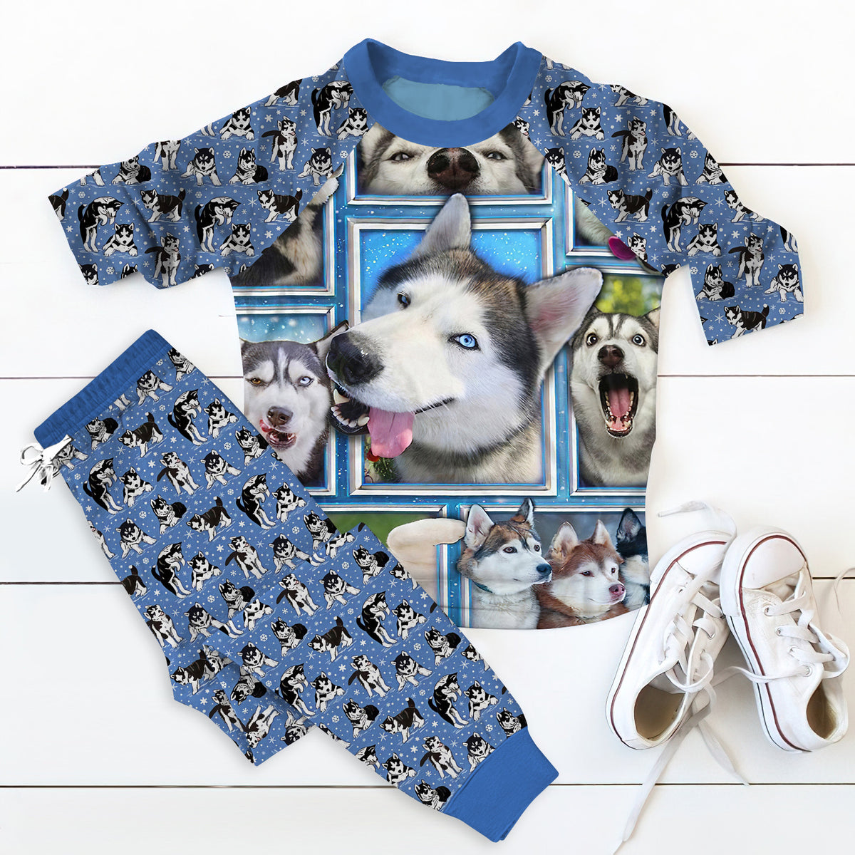 Husky Dogs Personalized Name Pajama Set |Sleepwear Pjs Sets | Raglan Shirt Pants Set