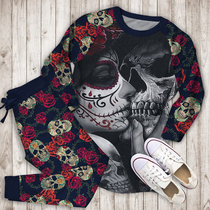 Bedding Dead Sugar Skull Girl Kissing Skull Personalized Name P Pajama Set |Sleepwear Pjs Sets | Raglan Shirt Pants Set