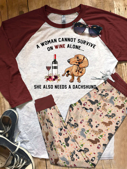 Dachshund Set Need Wine And Dachshund Pajama Set |Sleepwear Pjs Sets | Raglan Shirt Pants Set