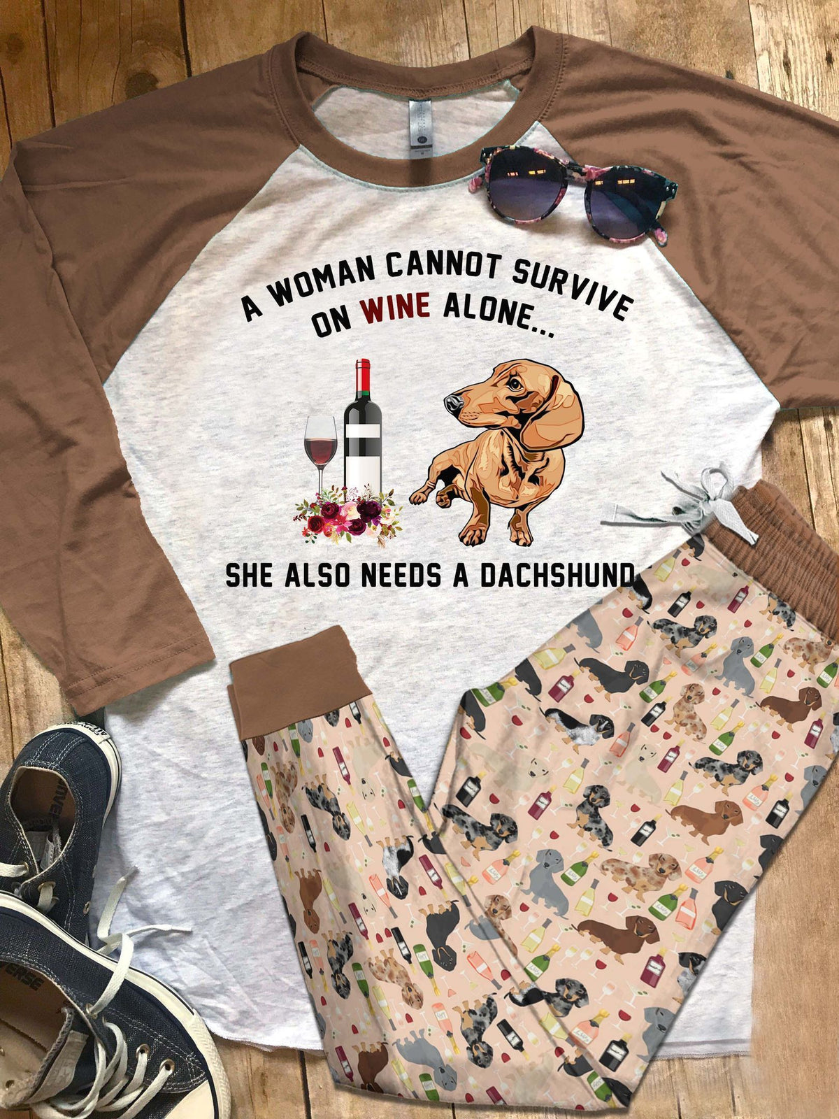 Dachshund Set Need Wine And Dachshund Pajama Set |Sleepwear Pjs Sets | Raglan Shirt Pants Set