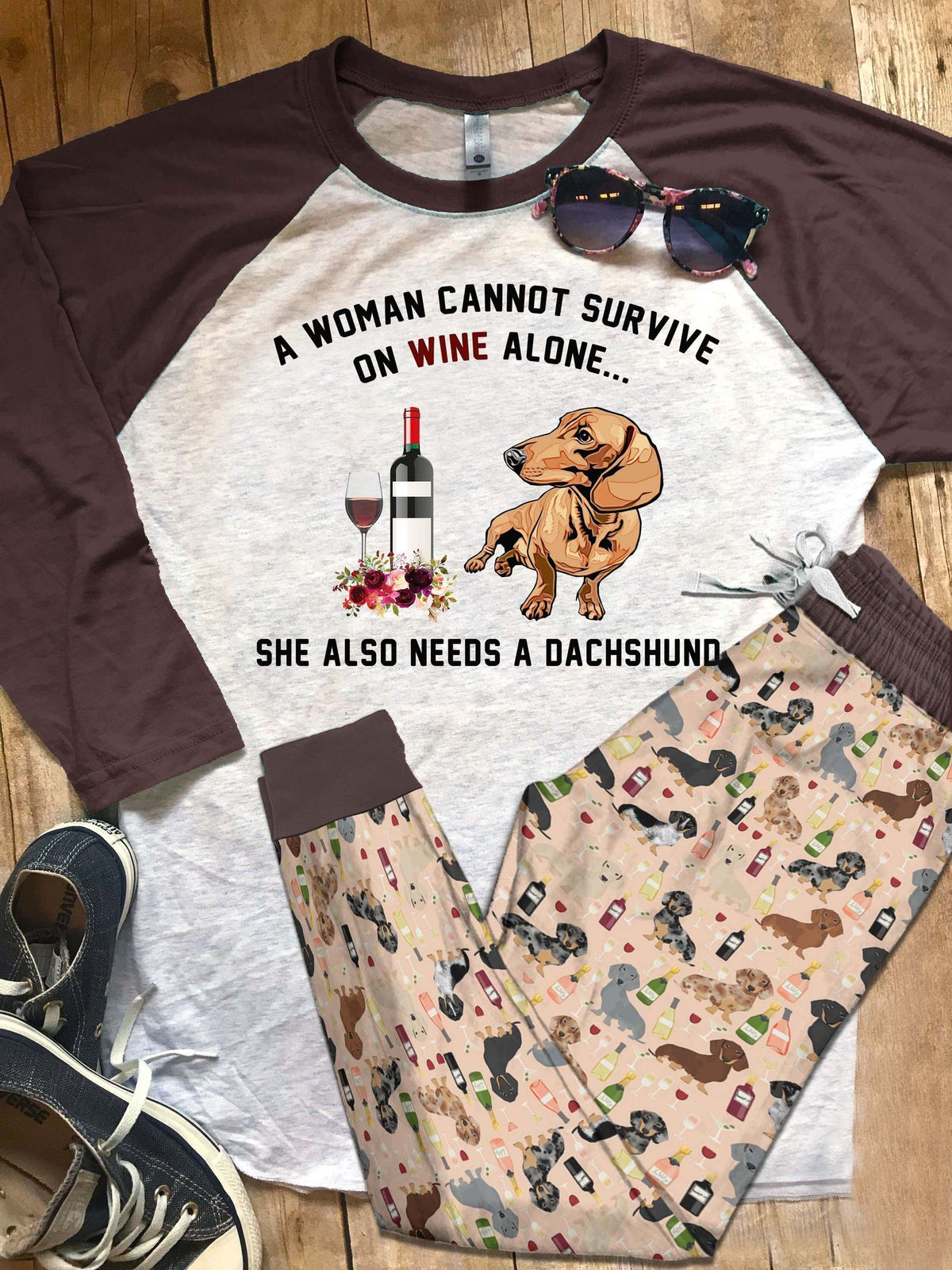 Dachshund Set Need Wine And Dachshund Pajama Set |Sleepwear Pjs Sets | Raglan Shirt Pants Set