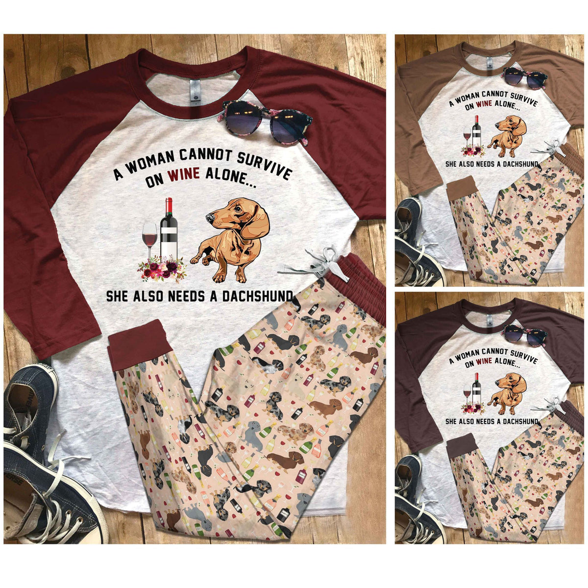 Dachshund Set Need Wine And Dachshund Pajama Set |Sleepwear Pjs Sets | Raglan Shirt Pants Set