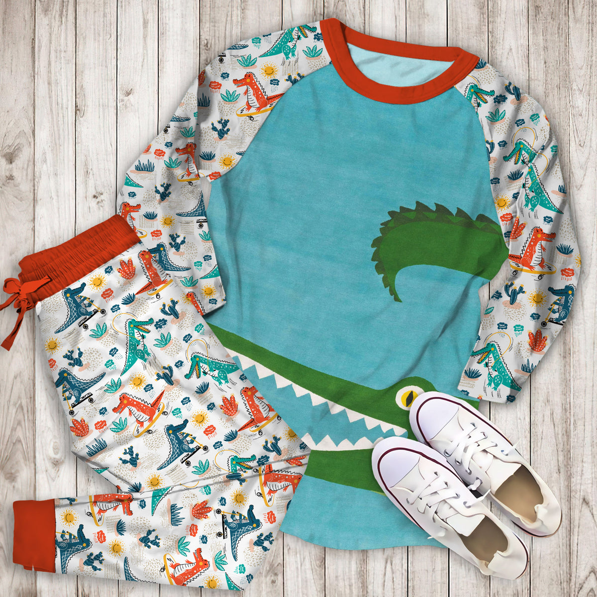 Crocodile Pajama Set |Sleepwear Pjs Sets | Raglan Shirt Pants Set