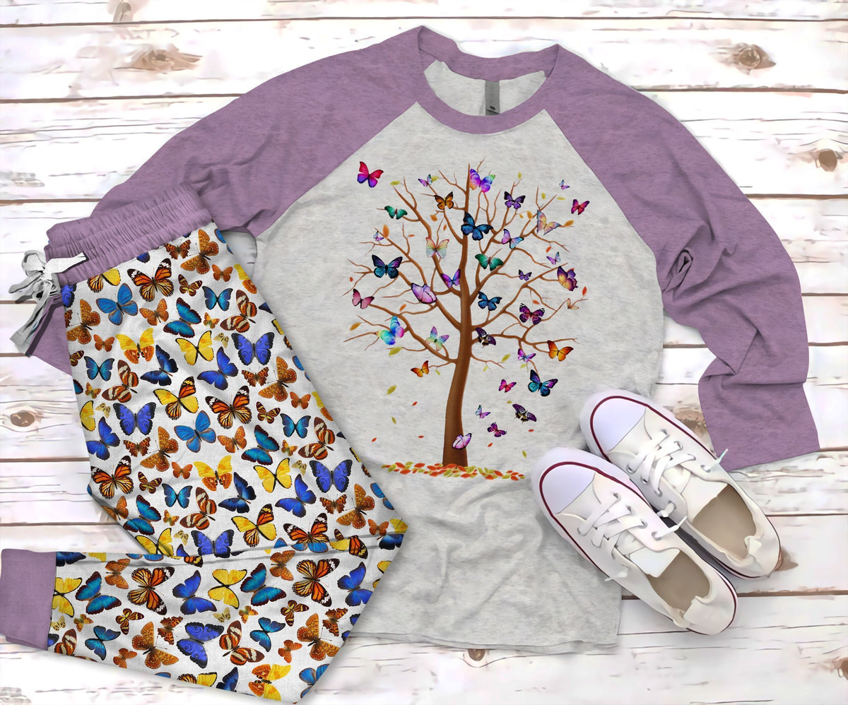 Butterfly Tree Pajama Set |Sleepwear Pjs Sets | Raglan Shirt Pants Set