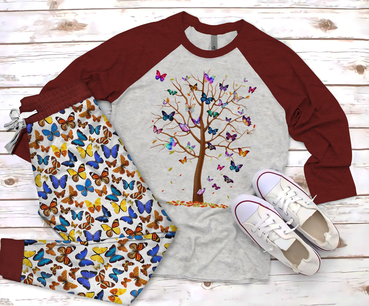 Butterfly Tree Pajama Set |Sleepwear Pjs Sets | Raglan Shirt Pants Set