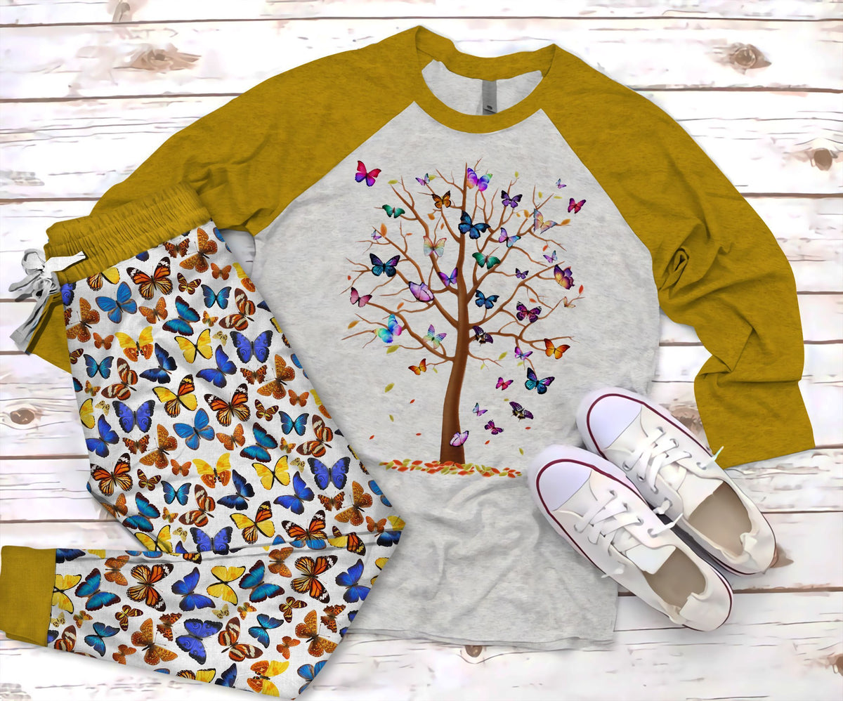 Butterfly Tree Pajama Set |Sleepwear Pjs Sets | Raglan Shirt Pants Set