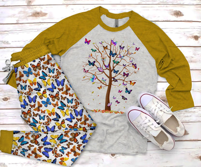 Butterfly Tree Pajama Set |Sleepwear Pjs Sets | Raglan Shirt Pants Set
