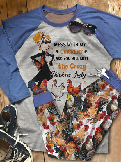 Chicken Crazy Chicken Lady Abb Pajama Set |Sleepwear Pjs Sets | Raglan Shirt Pants Set