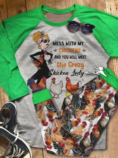 Chicken Crazy Chicken Lady Abb Pajama Set |Sleepwear Pjs Sets | Raglan Shirt Pants Set