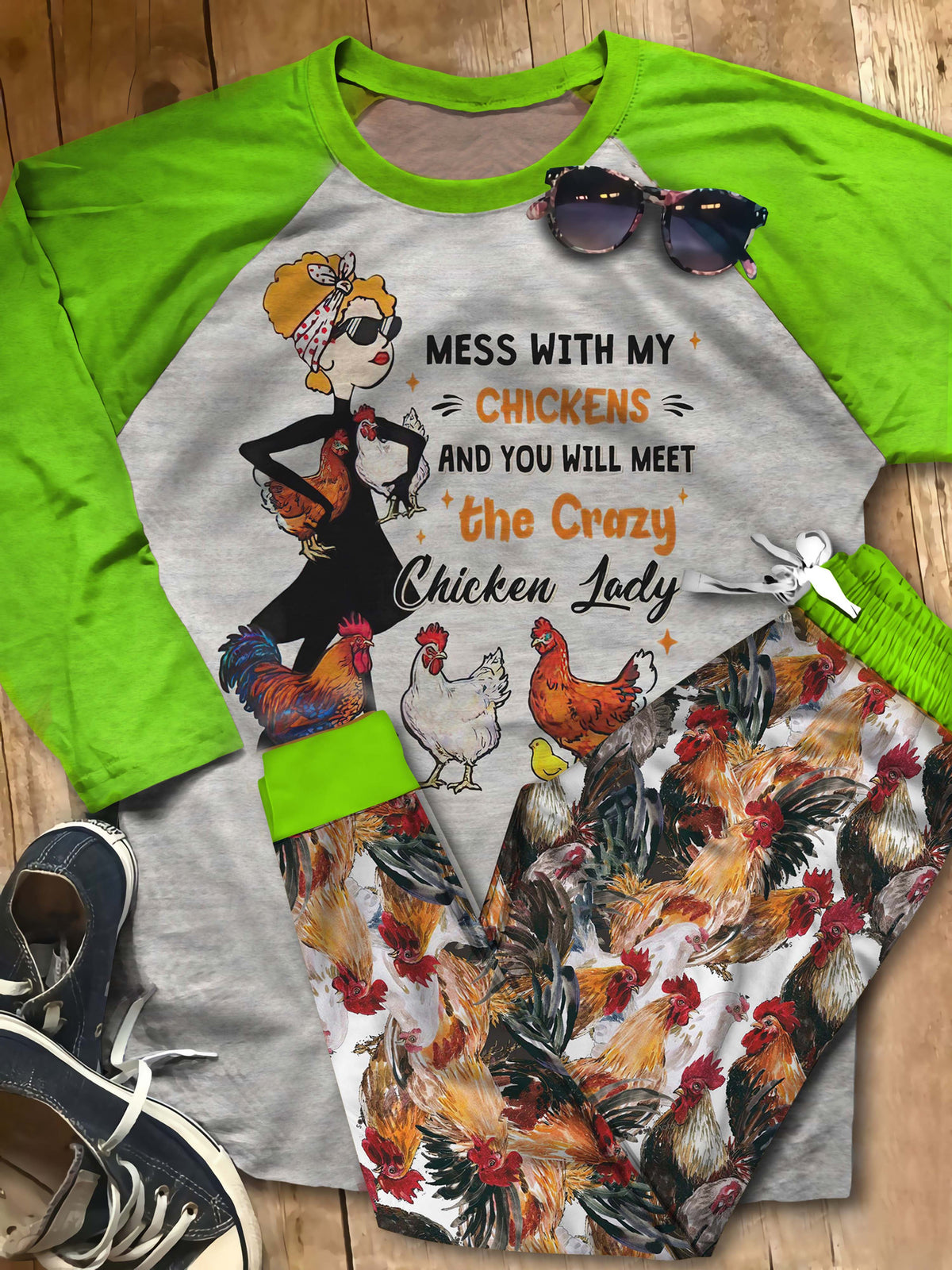 Chicken Crazy Chicken Lady Abb Pajama Set |Sleepwear Pjs Sets | Raglan Shirt Pants Set