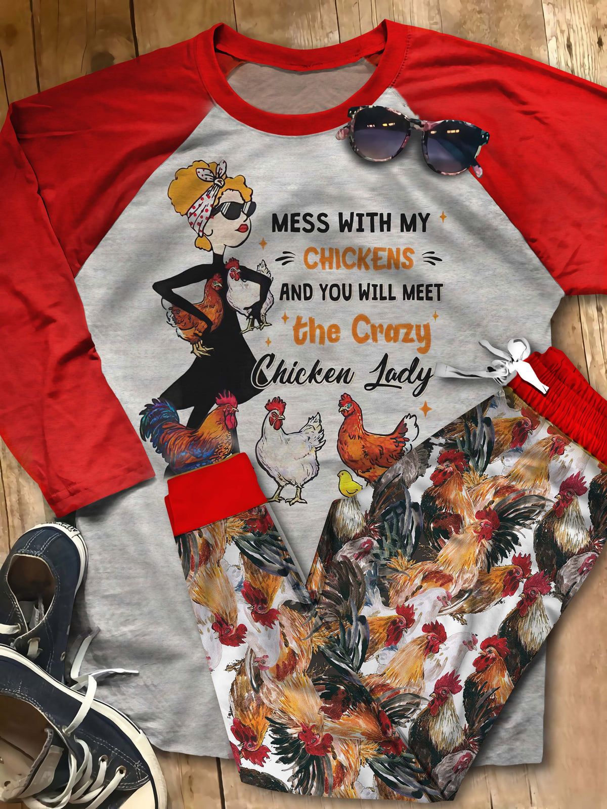 Chicken Crazy Chicken Lady Abb Pajama Set |Sleepwear Pjs Sets | Raglan Shirt Pants Set
